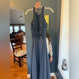 Milano Formals Grey and Silver Prom Dress